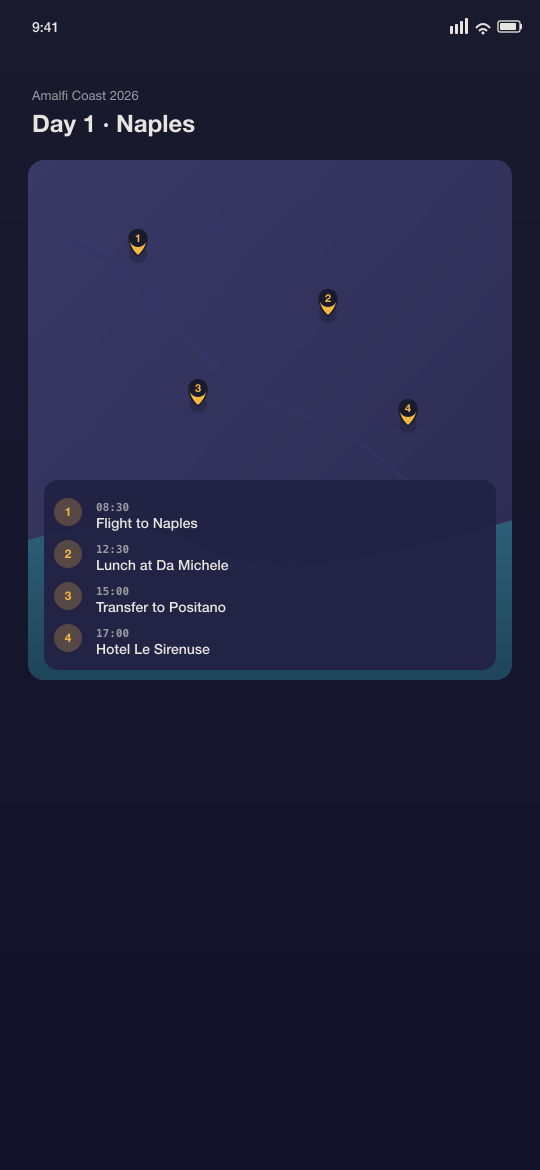 Interactive map with pinned activities for the selected day.