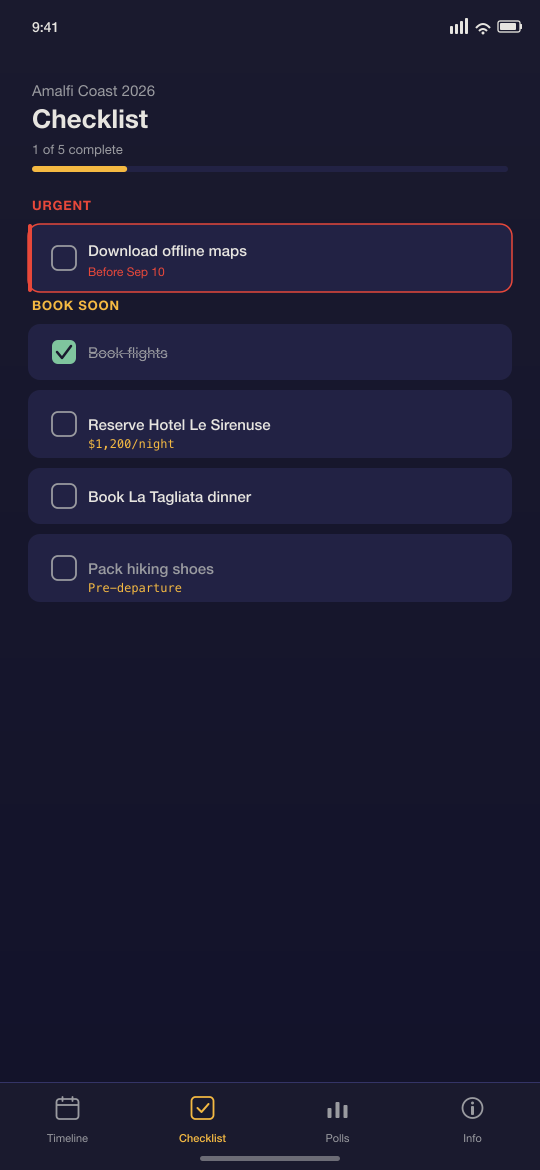Shared checklist with urgent and book-soon sections, progress bar, and checked items.